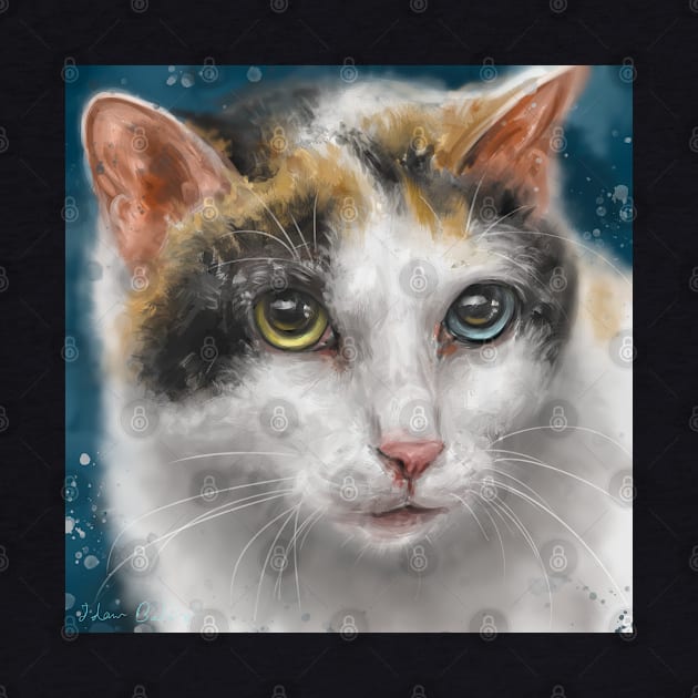 Painting of a Japanese Bobtail Cat with Gorgeous Blue and Green Eyes by ibadishi